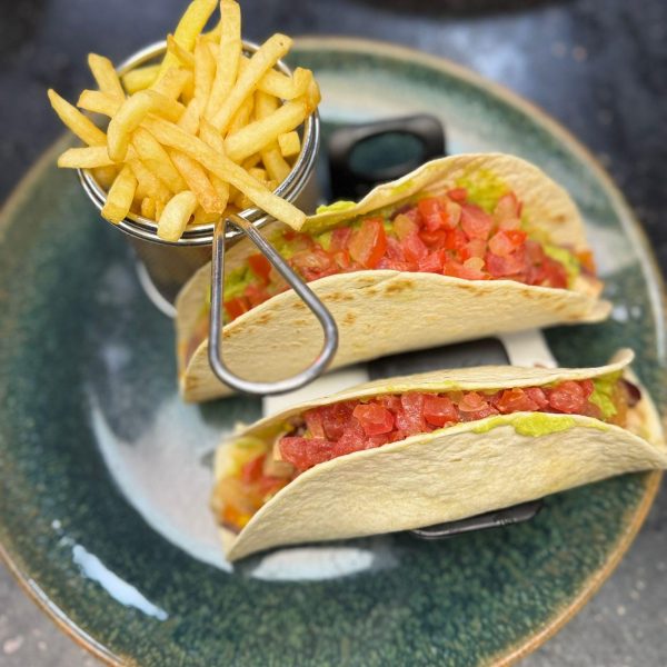 Chicken tacos with fries