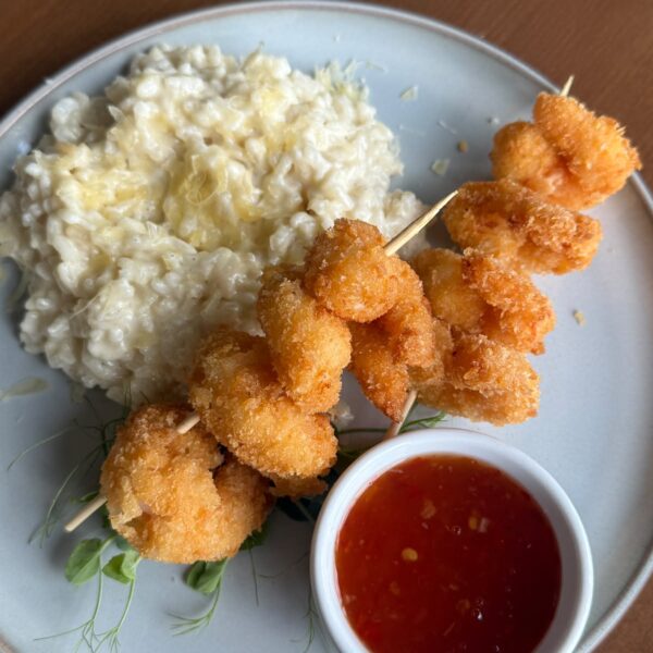 Shrimp skewer with risotto
